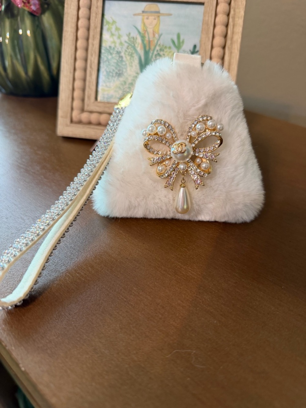 Faux Fur Wristlet Bag with Adorable Brooch